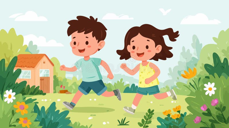 A Children Running and Playing in Garden. Children playing garden vectors