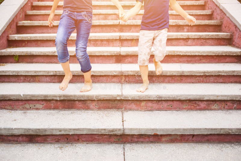 Children Rushing Up on Stairs Barefoot Stock Photo - Image of view ...