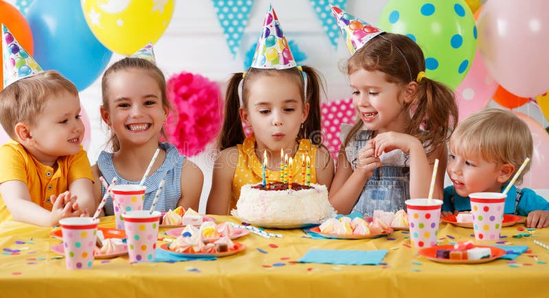 Children`s Birthday. Happy Kids with Cake Stock Image - Image of friend ...