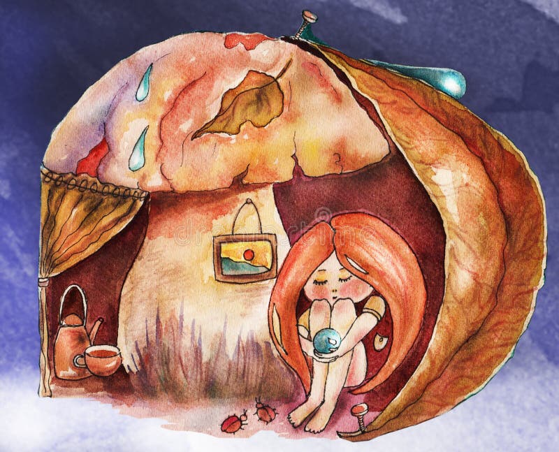 Children`s book illustration. Watercolor cute girl with red hair in warm posture under the mushroom, cozy atmosphere