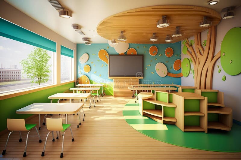 Children S Classroom with Green Walls and Tables. Generative AI Stock