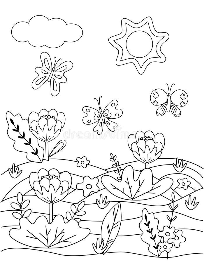 Children`s coloring book with flowers and butterflies of simple shape. Vector illustration, vertical page.