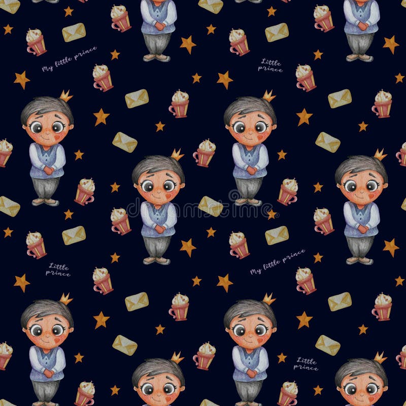 Children`s cute collection - little prince. Seamless patterns. Handsome boy on a black background with decorative objects -