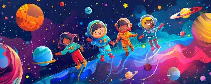 Children's Day background with children exploring outer space, dressed as astronauts royalty free stock photography