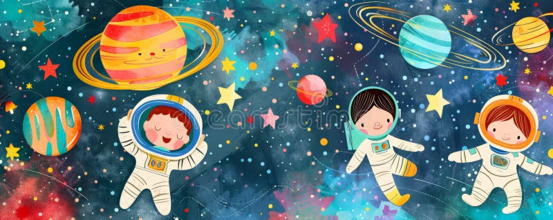 Children's Day background with children exploring outer space, dressed as astronauts stock photos