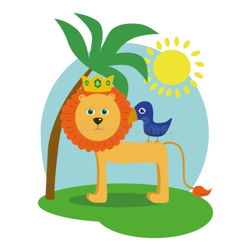 Funny cartoon character the lion king with a bird-illustration of a child vector illustration