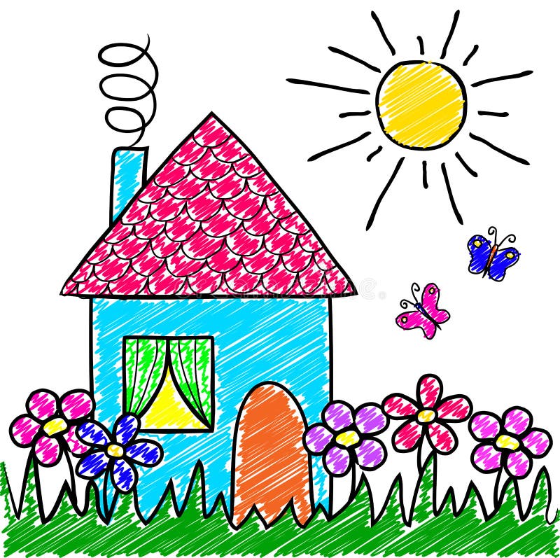 children s drawing house flowers grass sun design 93810142