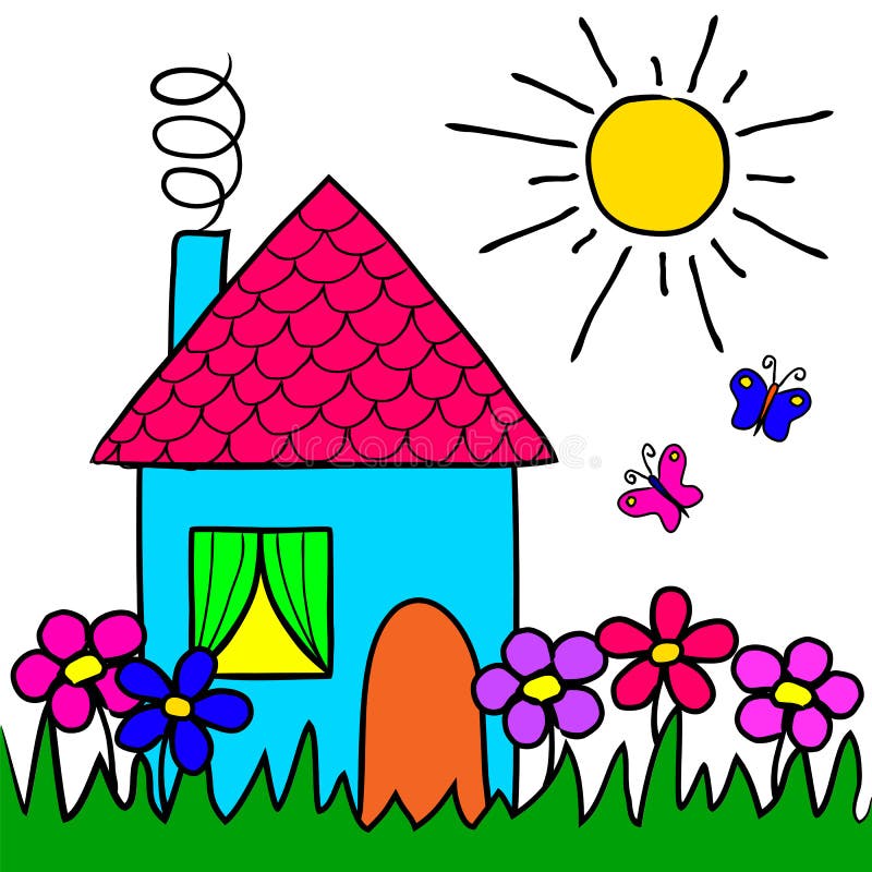 The Children`s Drawing House, Flowers, Grass, Sun Stock Vector