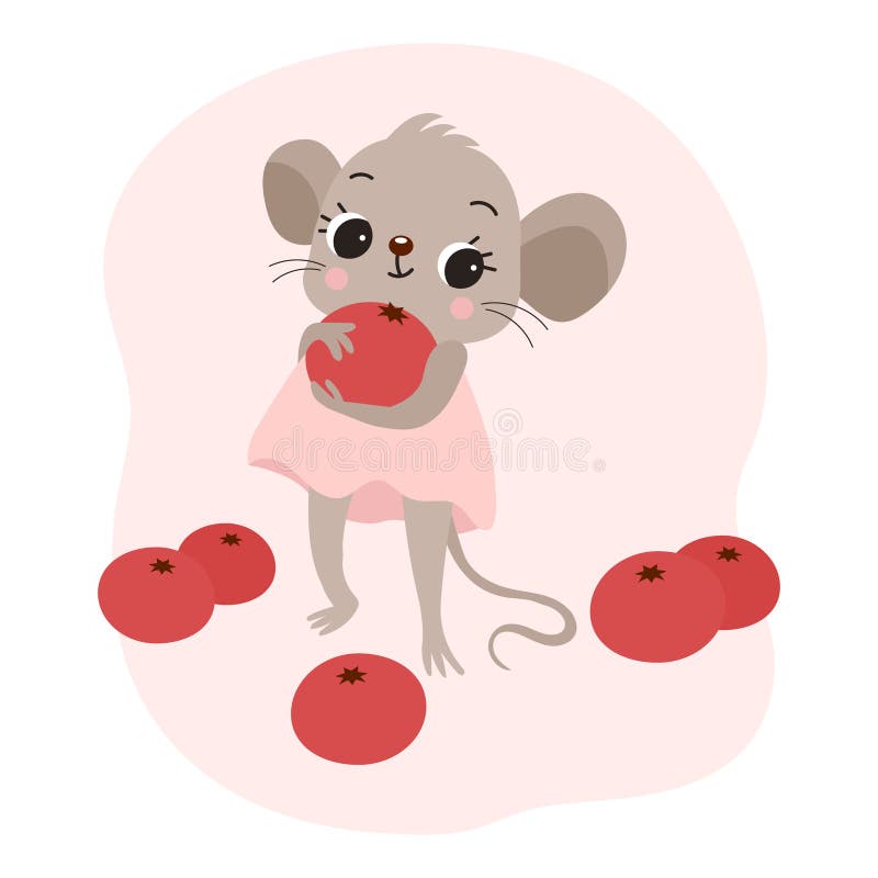 Children\'s illustration, cute little mouse in a pink dress with red berries, cartoon character. Print, postcard stock illustration