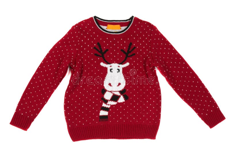 Children`s knitted sweater with a deer pattern. Isolate on white