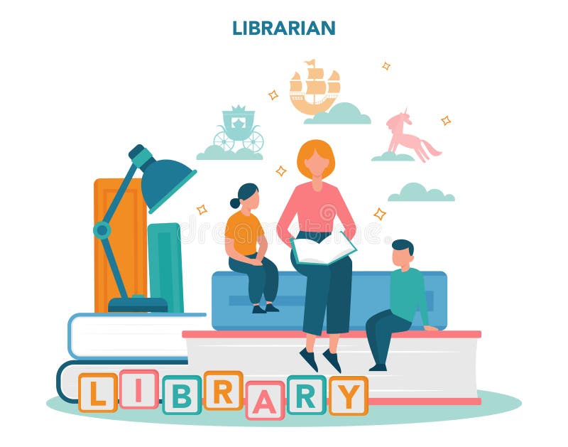 Children`s librarian concept. Library staff reading for kids, holding
