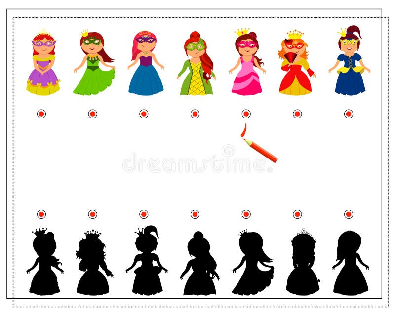 children&#x27;s logic game find the right shadow. Cute cartoon princesses in fancy dresses. Vector vector illustration