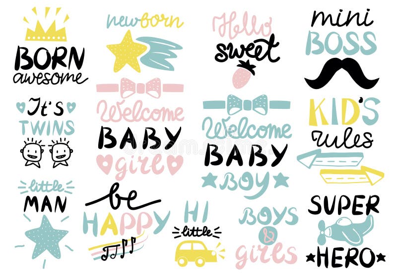 13 children s logo with handwriting Born awesome, Welcome baby, Kids rules, Girls and Boys, Be happy, Newborn, Mini boss, Super he