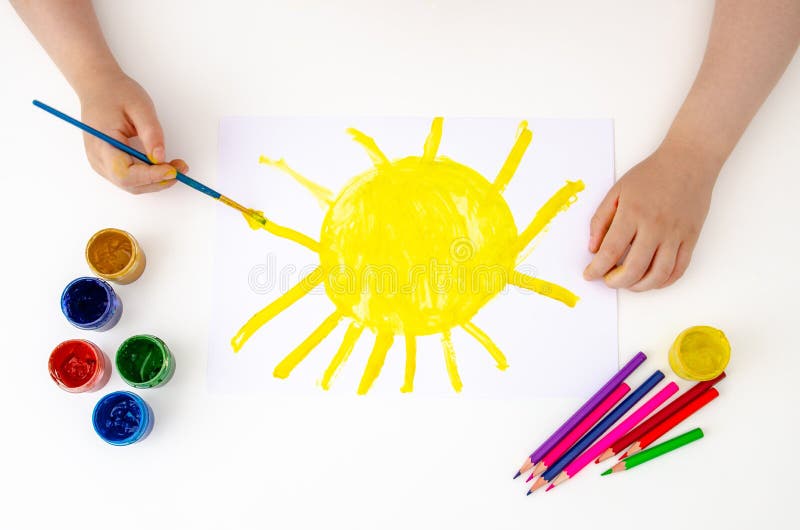 Children S Pens Paint the Picture with Paints. Bright Sun Stock Image