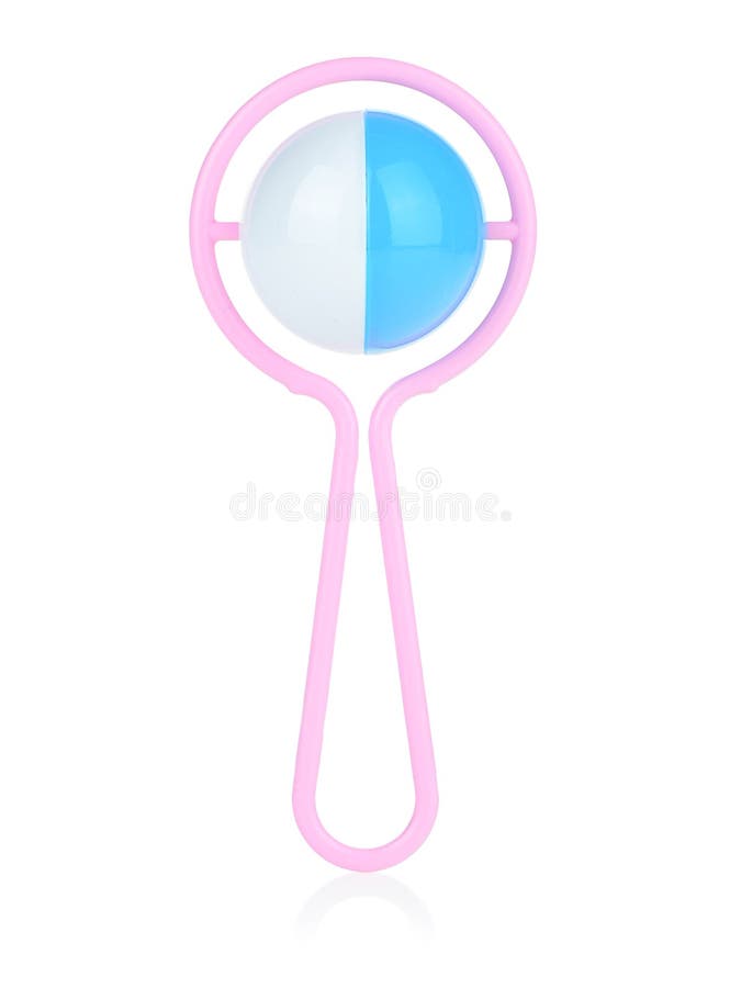 Children`s plastic rattle on a white background. Soothing and distracting toys for children and newborns. Developing a child`s stock images