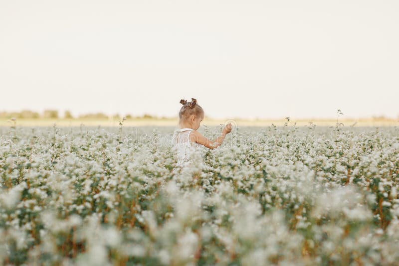 Children`s portrait of a girl. beautiful girl in a flowering field. Young girl play in spring dandelion field
