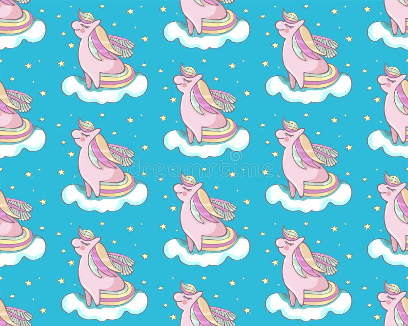Children s seamless vector pattern. Cute, pink pony flying on a cloud among the stars. Fairy cartoon pony child. Mythical pony for vector illustration Children s seamless vector pattern. Cute, pink pony flying on a cloud among the stars. Fairy cartoon pony child. Mythical pony for vector illustration
