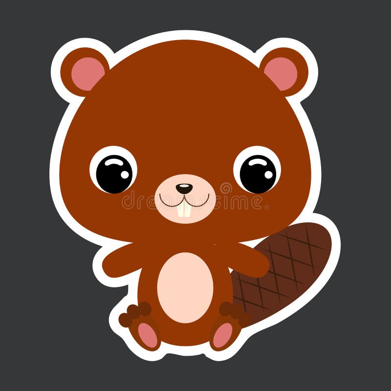 Children`s sticker of cute little sitting beaver. Forest animal. Flat vector stock illustration