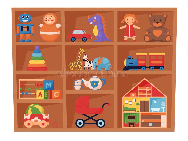 Children s toys on wooden store shelves stock illustration