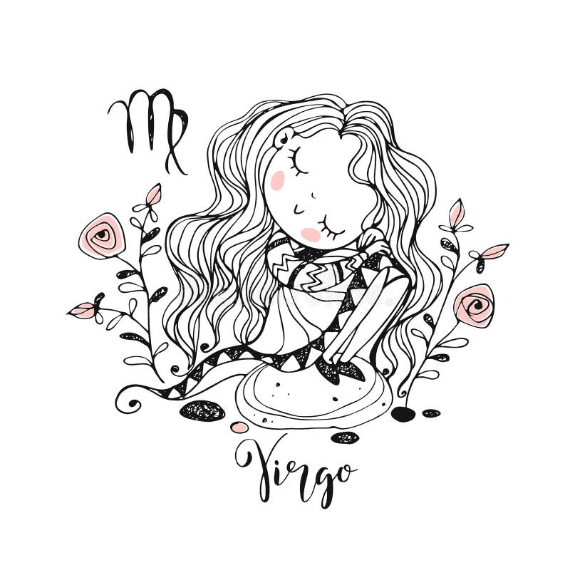 Children`s zodiac. Sign Of Virgo. Cute girl sitting on a rock. Vector. Black-white