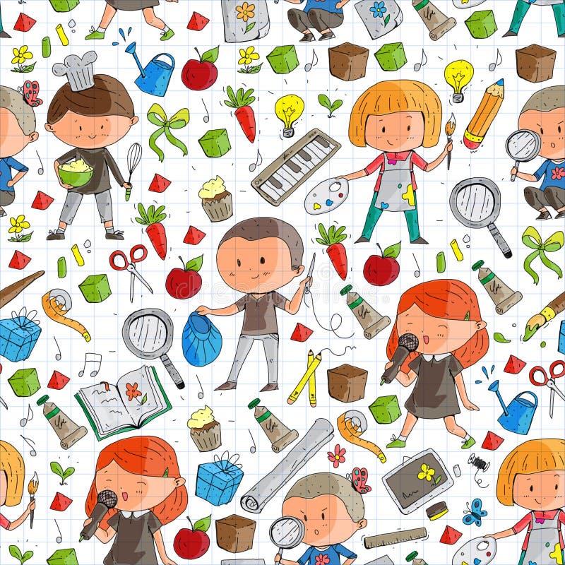 Children. School and kindergarten. Creativity and education. Music. Exploration. Science. Imagination. Play and study vector illustration