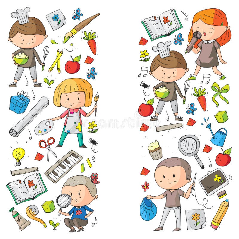 Children. School and kindergarten. Creativity and education. Music. Exploration. Science. Imagination. Play and study royalty free illustration