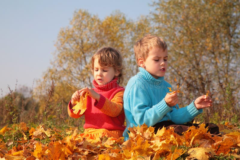 Children sit on fallen maple leaves