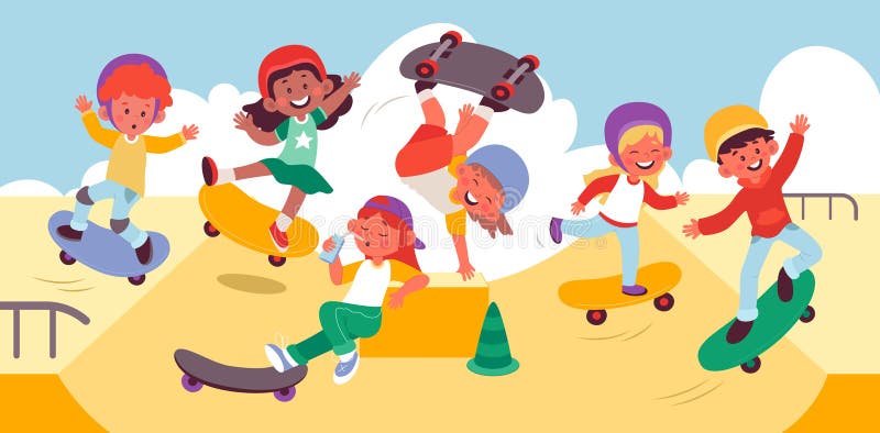 Children on skate flat illustrations set. Funny kids doing tricks on skateboard. Girls and boys riding on skate