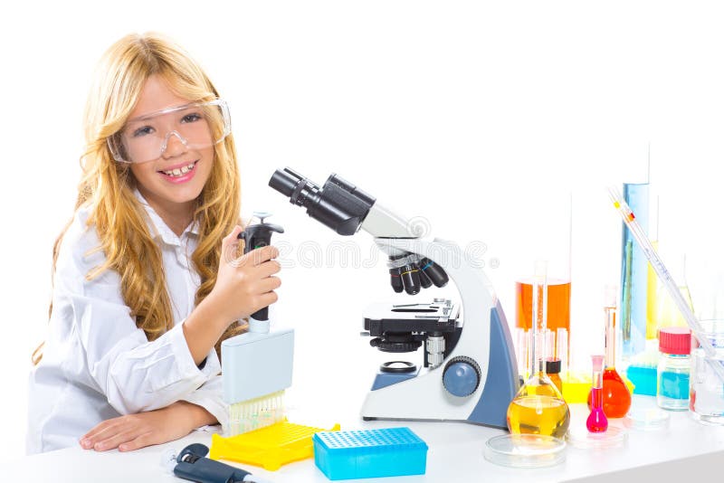 Children student girl in kid chemical laboratory