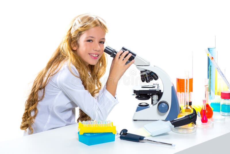 Children student girl in kid chemical laboratory