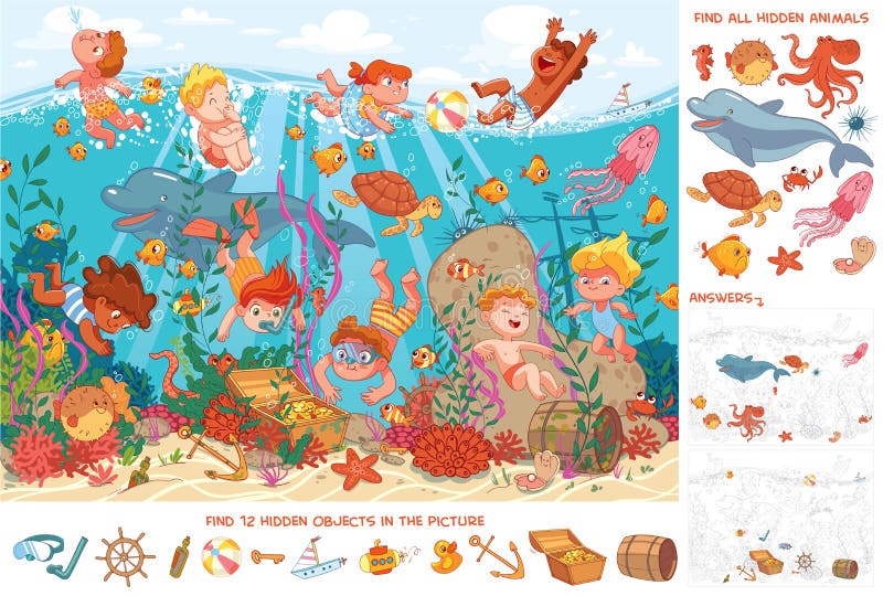 Children swim underwater with marine life. Find 10 hidden objects in the picture. Puzzle Hidden Items