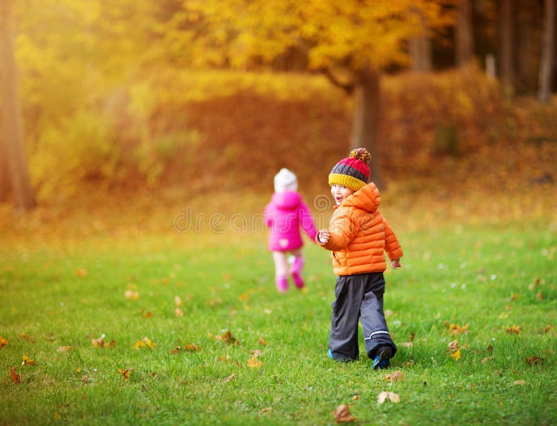 Children throwing leaves in beautiful autumnal day stock image Children throwing leaves in beautiful autumnal day stock image