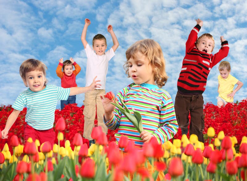 Children on tulips field collage