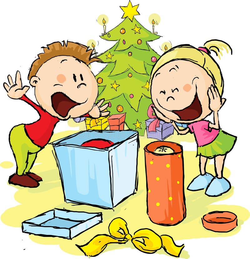 Children under the Christmas tree unwrap gifts royalty free illustration Children under the Christmas tree unwrap gifts royalty free illustration