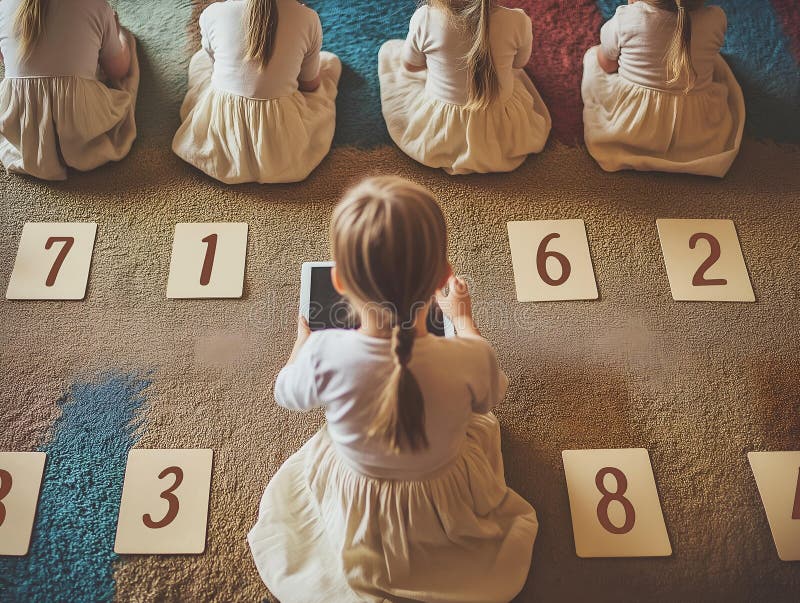 Children using tablet, classroom, focused, learning, technology, education vector illustration