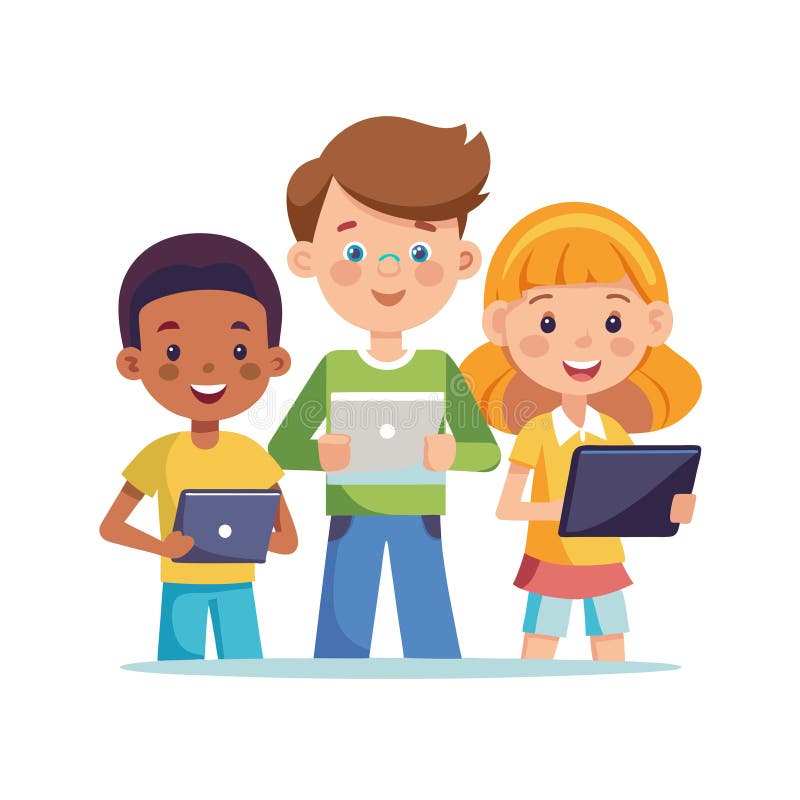 Children using tablets: Technology, learning, education, online courses, e-learning, digital era royalty free illustration