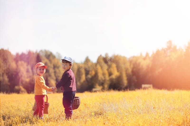 Children in the village walk through the autumn forest and gathe stock image Children in the village walk through the autumn forest and gathe stock image