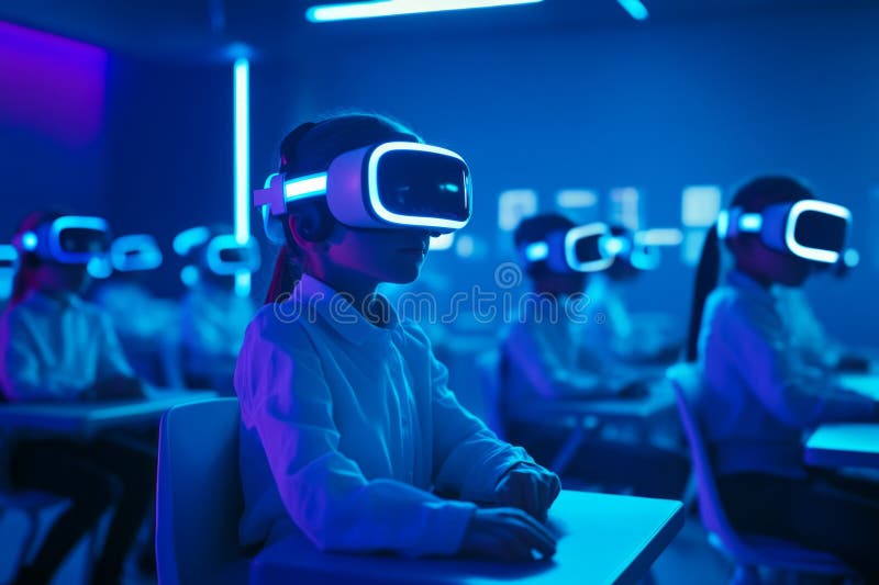 Children in vr headsets interacting with futuristic digital interface. Neural network AI generated. Children wearing vr headsets engage with digital interface emitting cool blue glow. Futuristic lab setting enhances immersive experience.