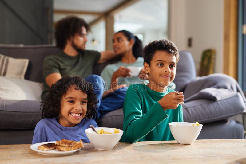 group of kids eating cereal