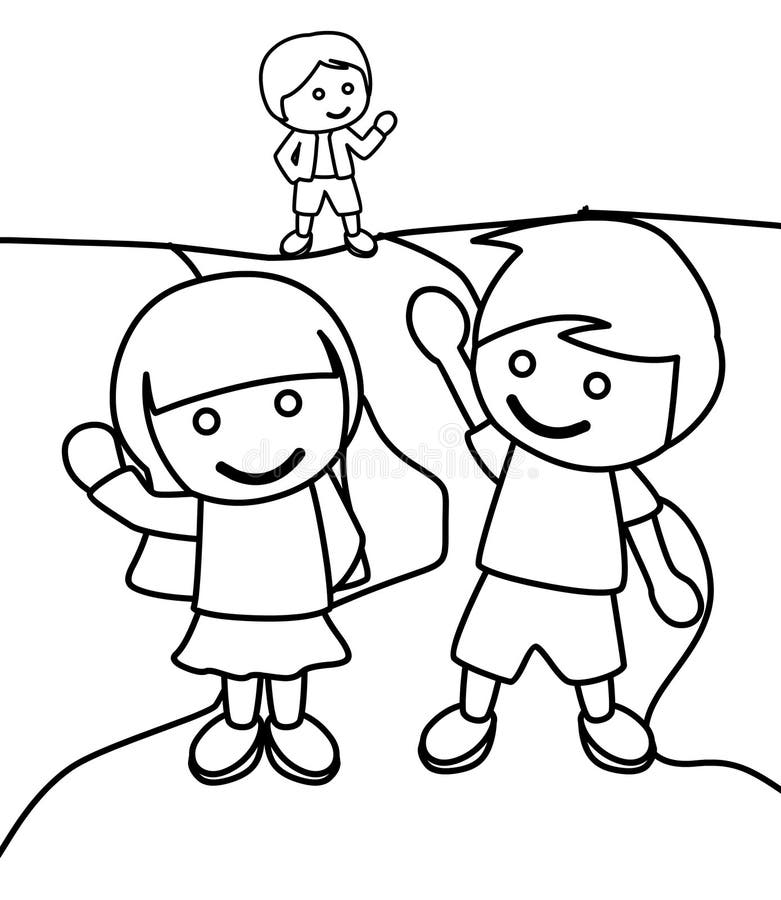 Children Waving at Each Other Coloring Page Stock Illustration