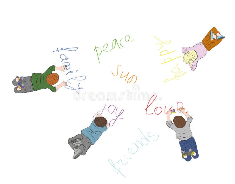 Children write on earth the words: friendship, peace, happiness, family, joy. vector illustration. royalty free illustration Children write on earth the words: friendship, peace, happiness, family, joy. vector illustration. royalty free illustration