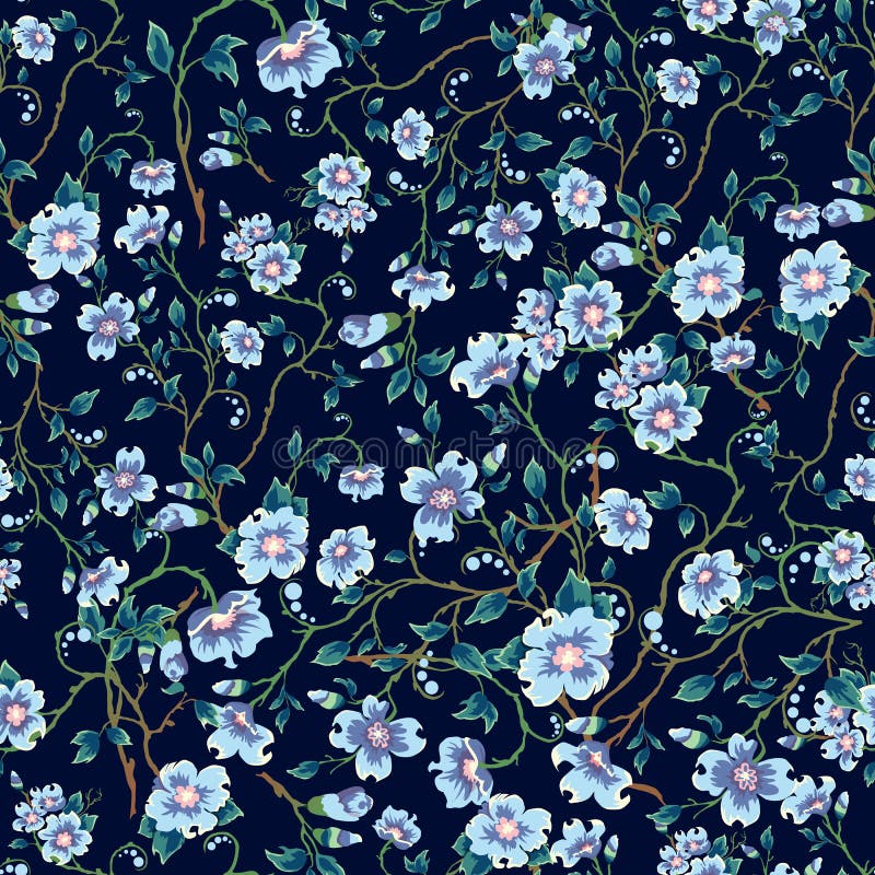 Childrens Pattern Flowers Seamless Floral Pattern On A Dark Blue Background Light Blue Flowers Green Leaves Stock Vector Illustration Of Comic Color