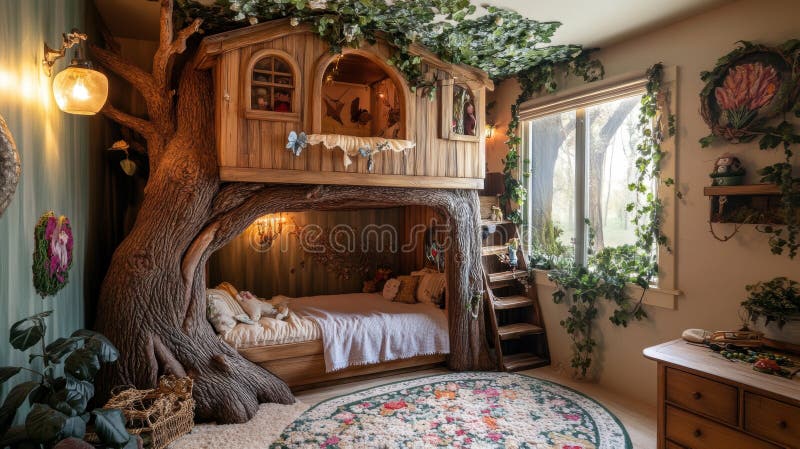 Childrens treehouse bedroom, create a cozy childrens bedroom oasis featuring a treehouse bunk bed, enchanting fairy royalty free stock image