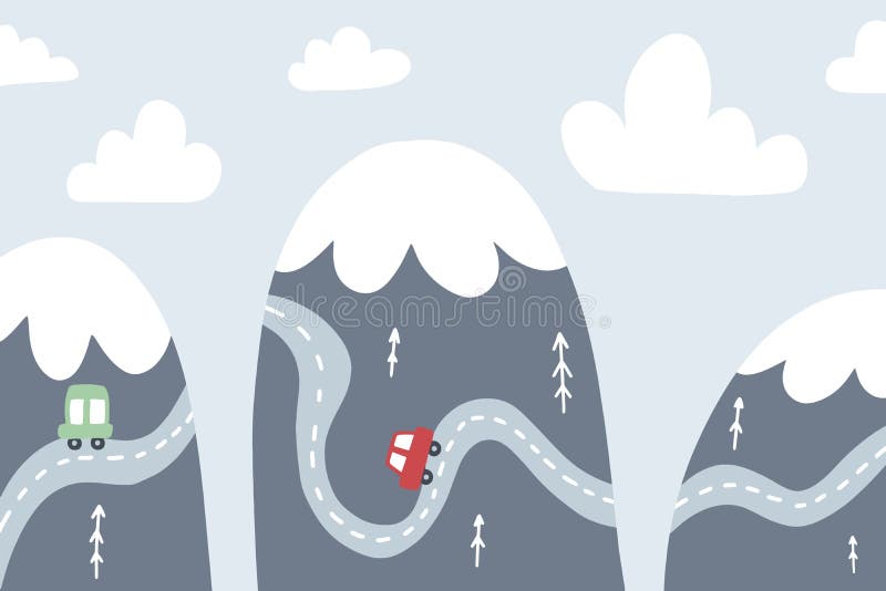 Childrens Wallpapers with Mountains, Clouds and Cars. Vector