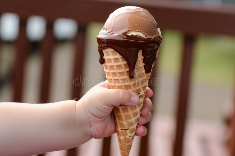 Childs hand with a dripping chocolate ice cream cone royalty free stock photography