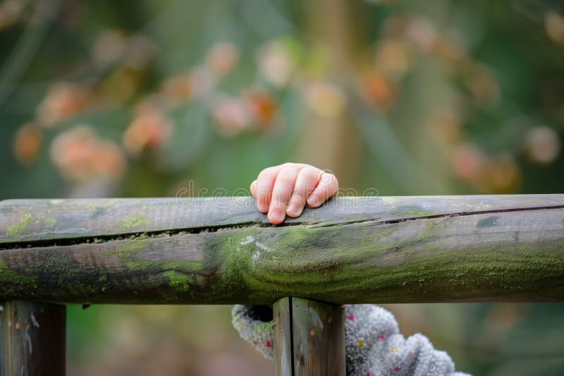 Childs Hand Holding a Wooden Handrail