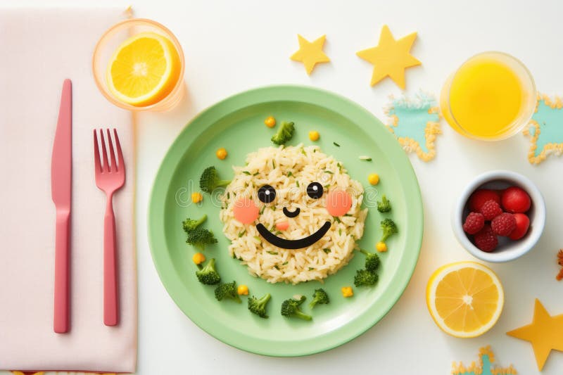 Childs Plate with Broccoli Rice and Smiley Face Stock Image - Image of ...