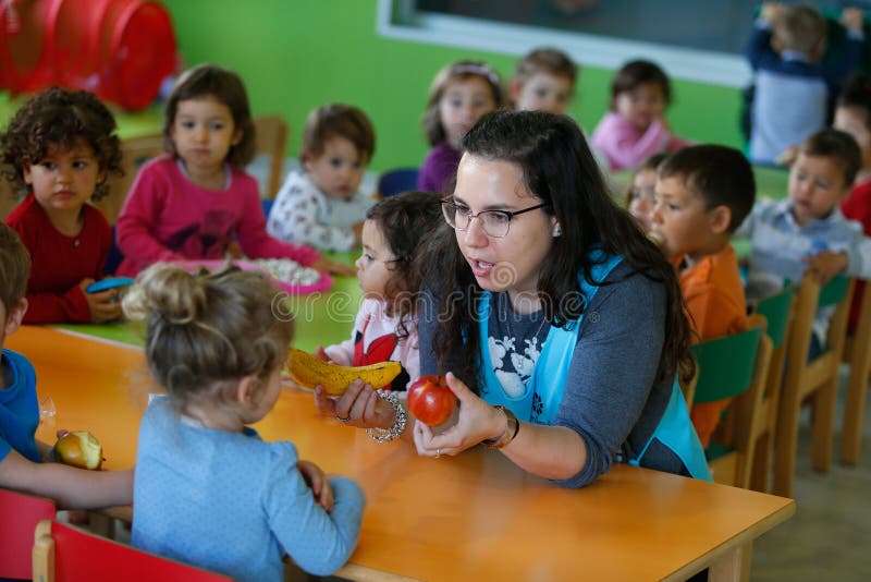 Teacher and childs during lunch time at Kindergarten in mallorca. Childs sit around the dining room tables with their teacher during their lunchtime inside a stock photography Teacher and childs during lunch time at Kindergarten in mallorca. Childs sit around the dining room tables with their teacher during their lunchtime inside a stock photography