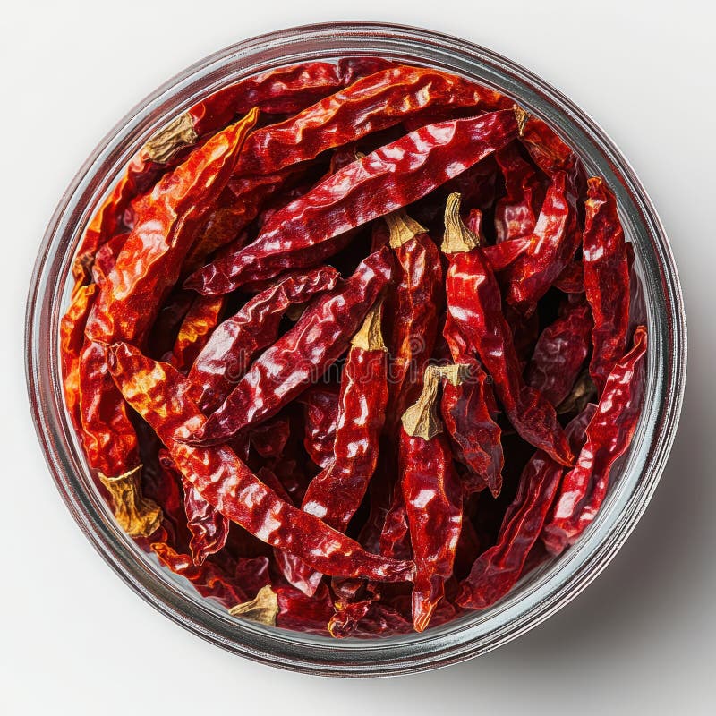 Ζωντανές αποξηραμένες κόκκινες πιπεριές chili σε γυάλινο βάζο για μαγειρική χρήση απεικόνιση αποθεμάτων