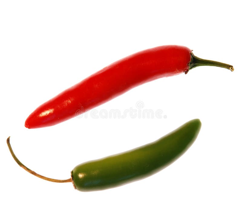 Red and green chili peppers isolated on white